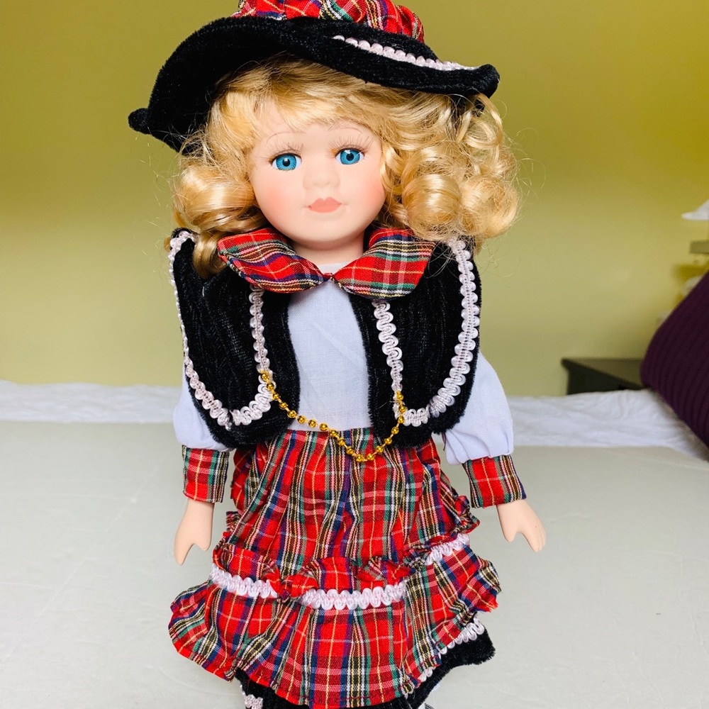 Collectible 15” Porcelain Doll Blond Girl blue eyes red Plaid dress New with box
